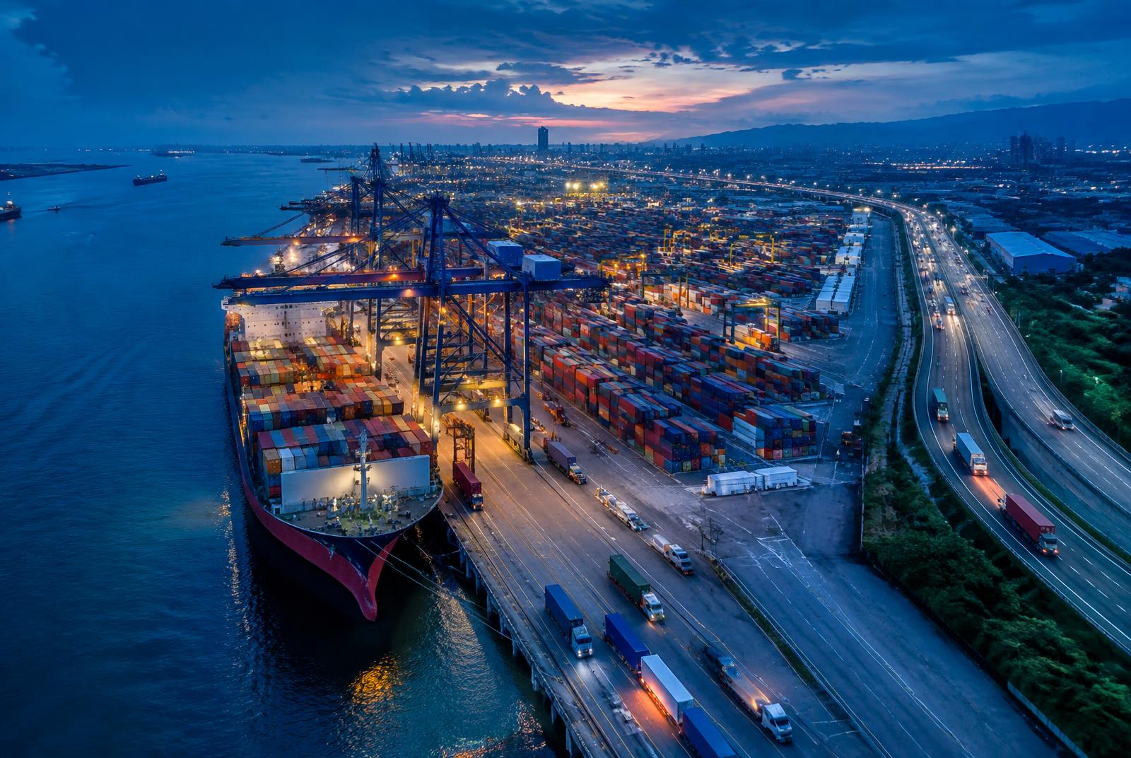 Container port at dusk connecting international trade routes