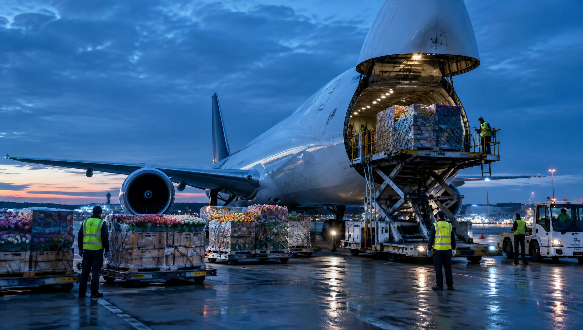 Cargo aircraft being loaded with fresh flowers and produce