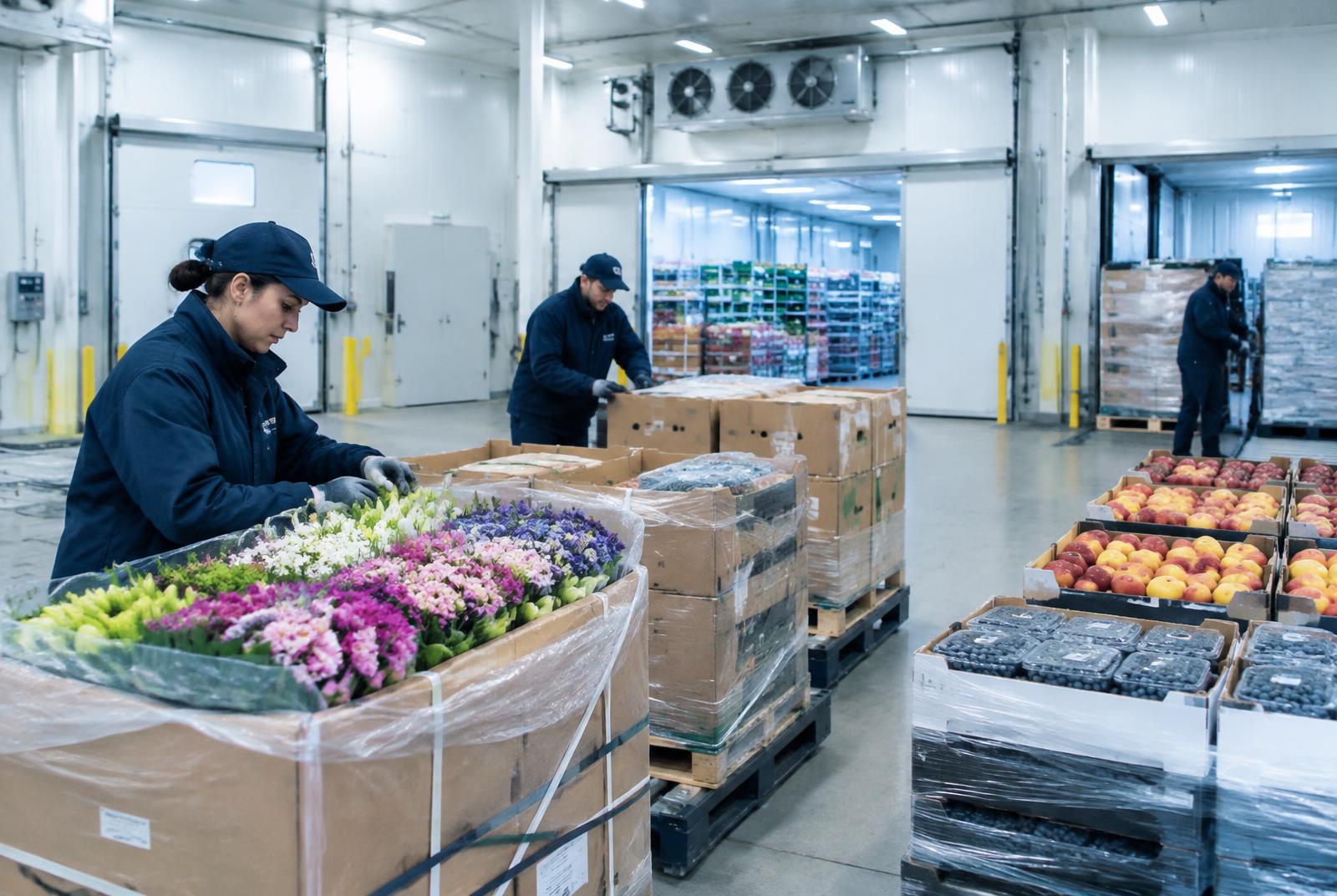 Fresh flowers and fruit prepared for temperature-controlled transportation