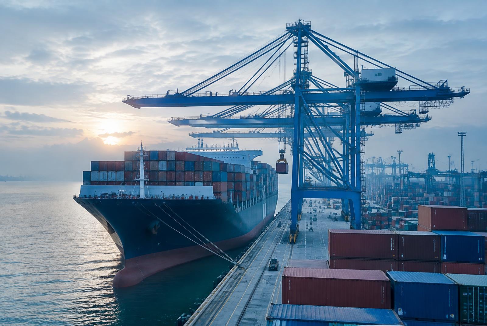 Container vessel at an international seaport